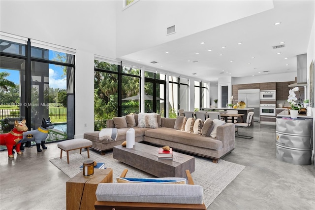 living room with a wall of windows and a high ceiling