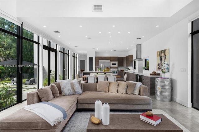 living room with expansive windows