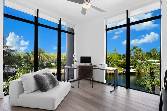 office space featuring ceiling fan, floor to ceiling windows, and light wood-type flooring