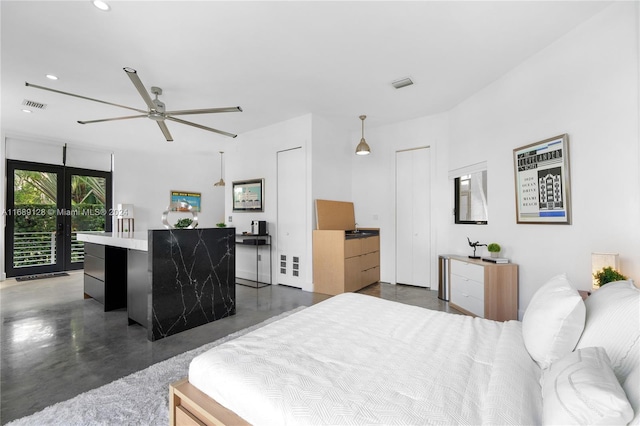 bedroom featuring french doors, access to outside, and ceiling fan