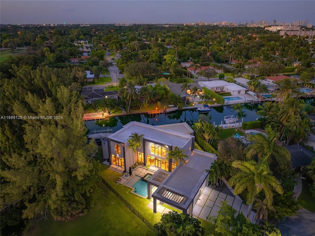 view of aerial view at dusk