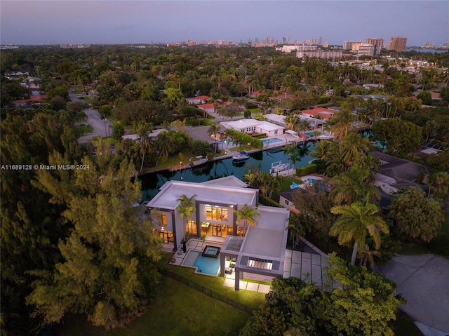 view of aerial view at dusk