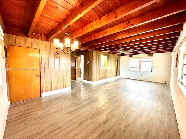 empty room with beamed ceiling, hardwood / wood-style flooring, wood ceiling, and wooden walls