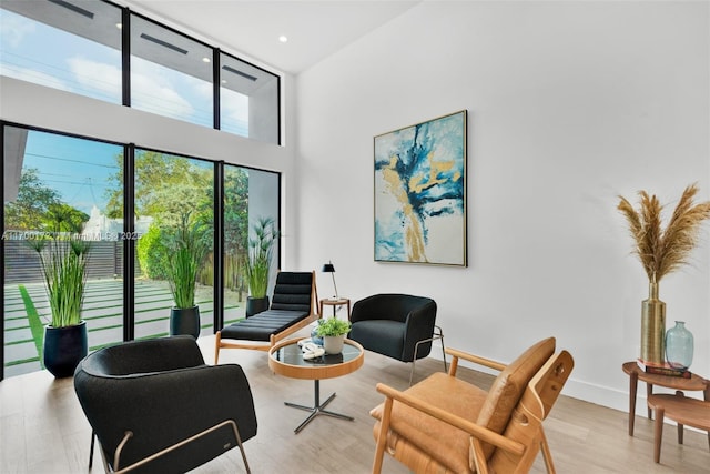 interior space with light hardwood / wood-style floors and a high ceiling