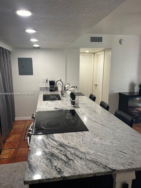 kitchen featuring electric panel, black stove, sink, a textured ceiling, and light stone counters