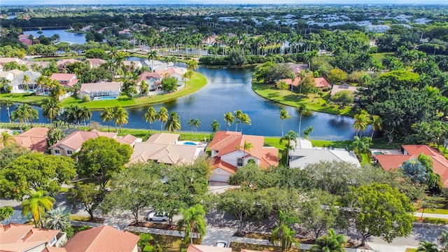 bird's eye view with a water view