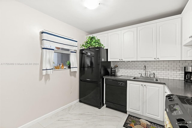 kitchen featuring sink, tasteful backsplash, white cabinetry, and black appliances