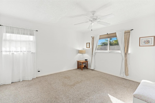 spare room featuring ceiling fan, carpet, and a textured ceiling