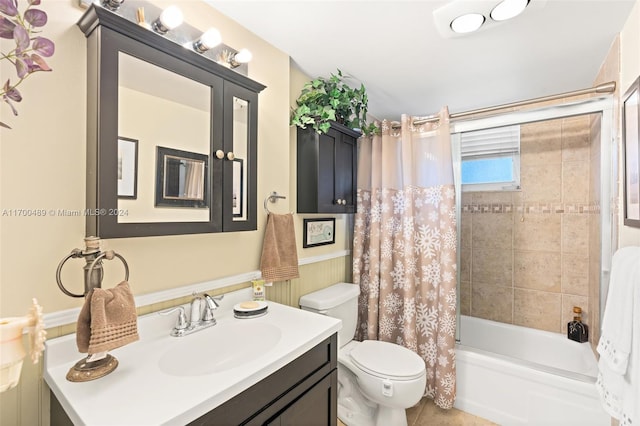 full bathroom with vanity, toilet, and shower / bathtub combination with curtain