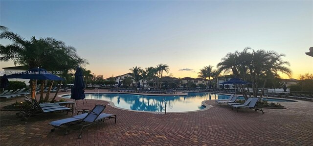 pool at dusk with a patio area