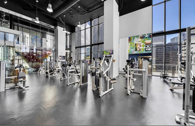 exercise room with a towering ceiling and a wealth of natural light