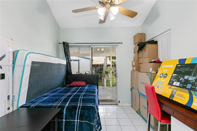 tiled bedroom with ceiling fan and access to exterior