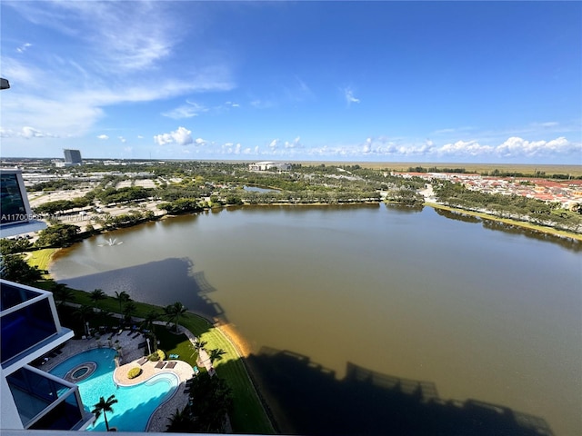 aerial view featuring a water view