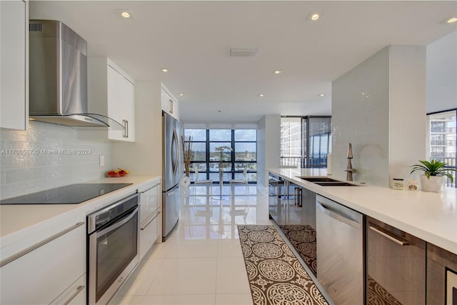 kitchen featuring appliances with stainless steel finishes, backsplash, white cabinetry, and wall chimney exhaust hood