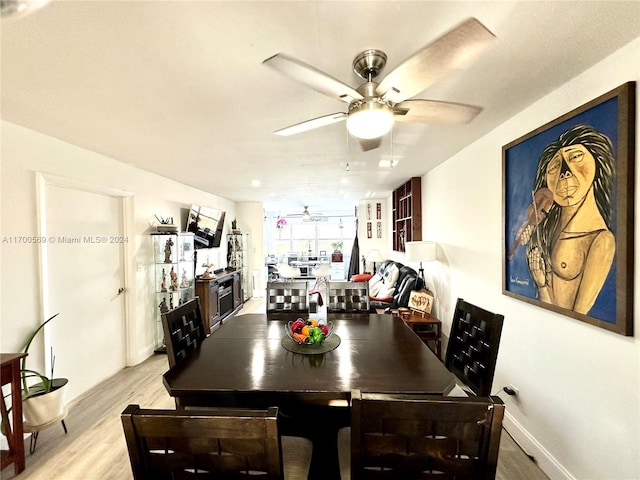 dining space with light hardwood / wood-style flooring and ceiling fan