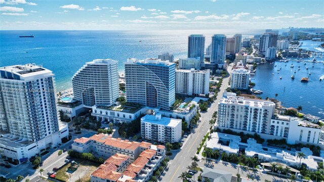 drone / aerial view with a water view