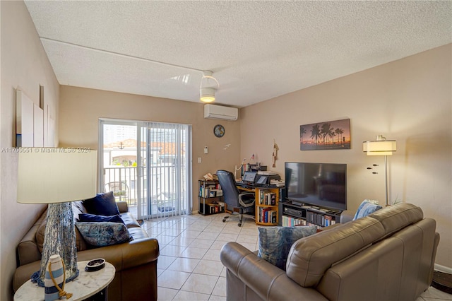 tiled living room with a textured ceiling and a wall mounted air conditioner