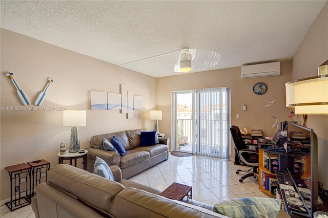 tiled living room featuring a wall mounted AC, ceiling fan, and a textured ceiling