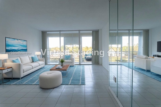 living room featuring tile patterned flooring and expansive windows