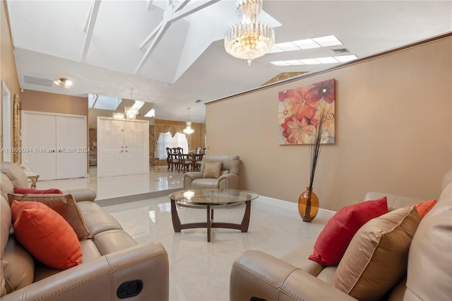 living room featuring an inviting chandelier and lofted ceiling