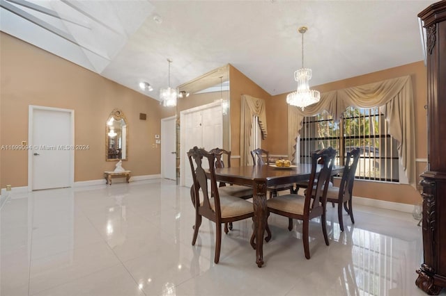 dining space featuring light tile patterned flooring, lofted ceiling, and an inviting chandelier