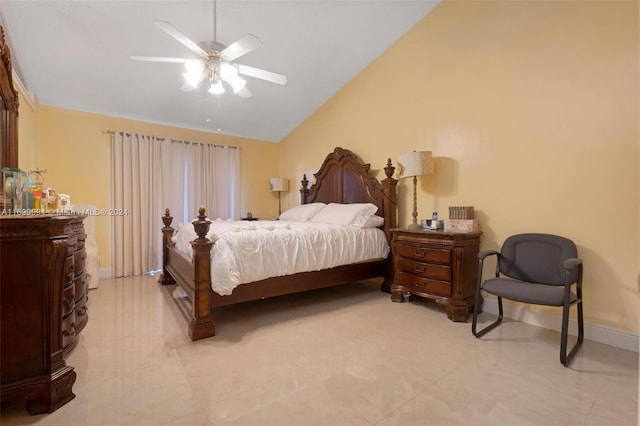 bedroom featuring vaulted ceiling and ceiling fan