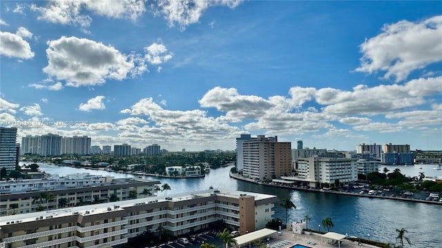 view of water feature with a view of city