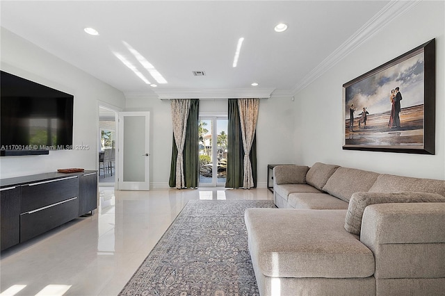 living room with crown molding and french doors