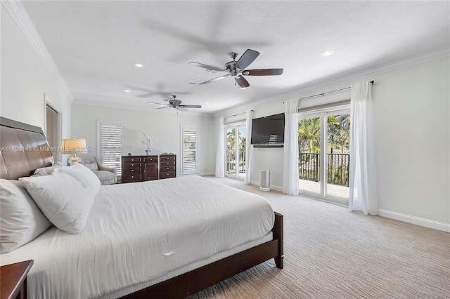 bedroom with light carpet, ceiling fan, access to outside, a textured ceiling, and crown molding