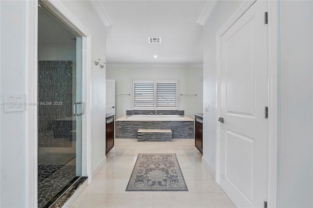 interior space featuring vanity, crown molding, and plus walk in shower