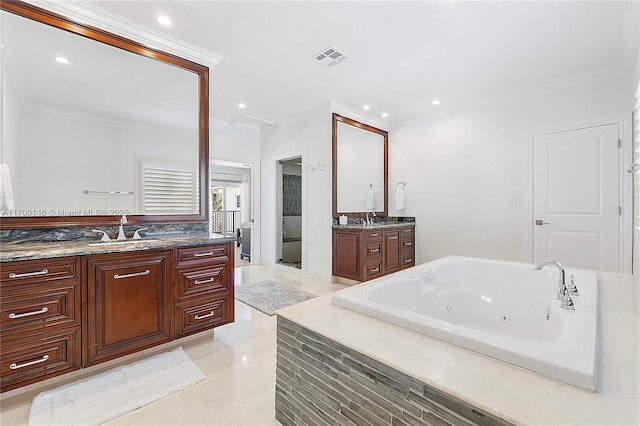 bathroom featuring vanity, independent shower and bath, and ornamental molding