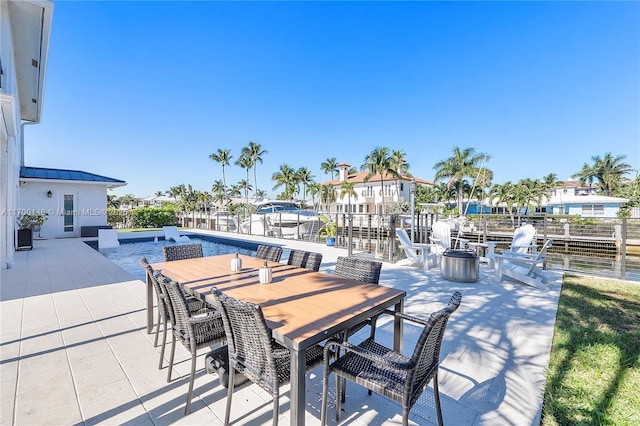 view of patio / terrace featuring a water view and a fenced in pool