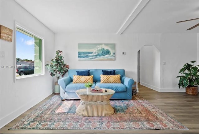 living room featuring beam ceiling, ceiling fan, and wood-type flooring