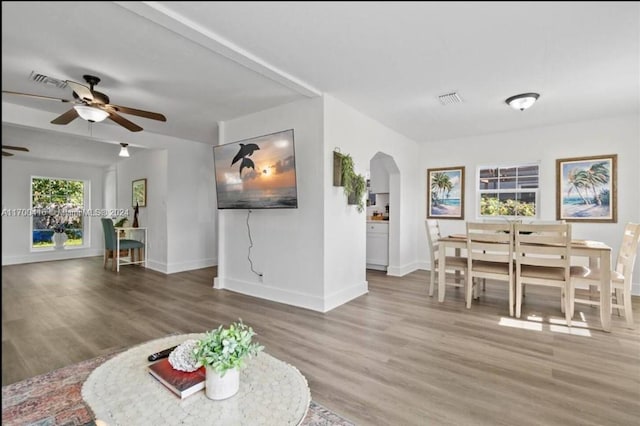 living room featuring hardwood / wood-style flooring and ceiling fan