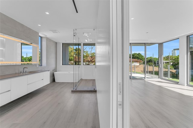 2110 S Miami Ave, Miami, FL 33129 - full bathroom featuring a wall of windows, wood finished floors, vanity, and a freestanding bath