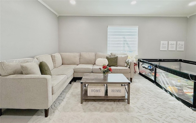 living room with ornamental molding