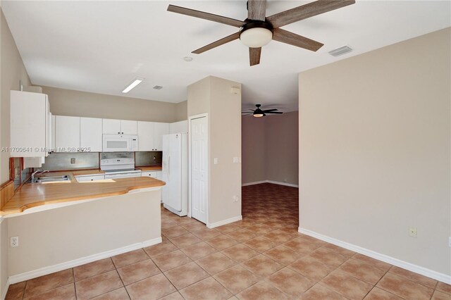 kitchen featuring white cabinetry, sink, light tile patterned floors, kitchen peninsula, and white appliances