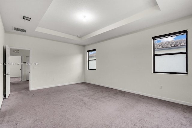 carpeted empty room with a raised ceiling