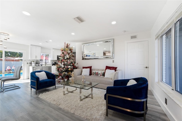 living room with sink and light hardwood / wood-style flooring