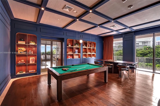 game room featuring wood-type flooring, plenty of natural light, coffered ceiling, and billiards