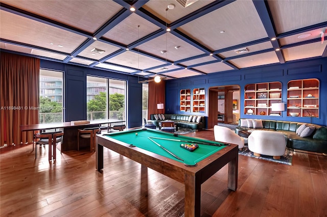 rec room featuring hardwood / wood-style floors, beamed ceiling, pool table, and coffered ceiling