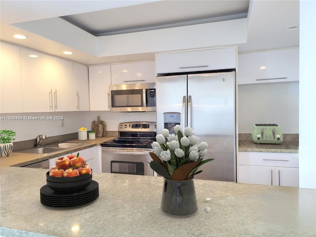 kitchen with a raised ceiling, sink, white cabinets, and appliances with stainless steel finishes