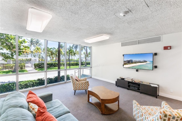 carpeted living room featuring a textured ceiling and a wall of windows