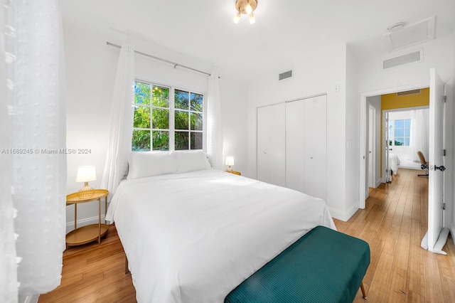 bedroom with multiple windows, a closet, and light wood-type flooring