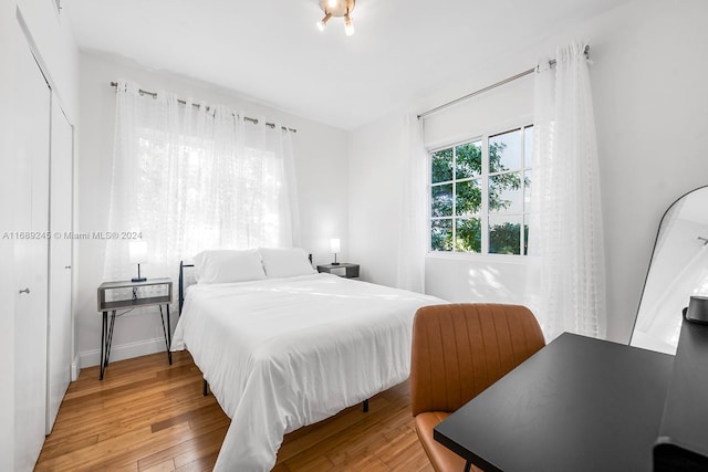 bedroom featuring light wood-type flooring and a closet