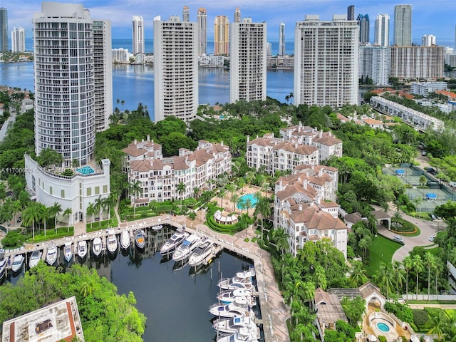 birds eye view of property featuring a water view