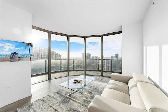 living room with plenty of natural light, wood-type flooring, and a wall of windows