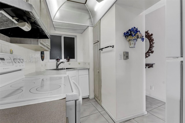 kitchen featuring white cabinets, ventilation hood, white electric stove, and sink