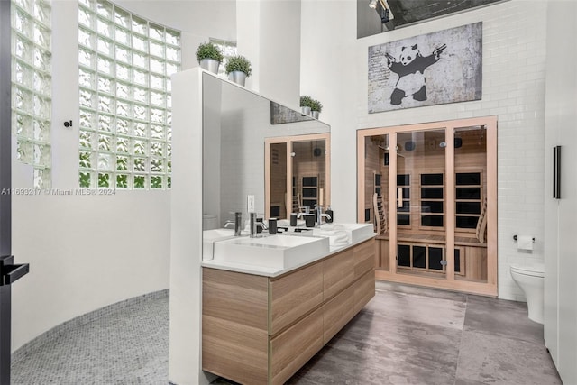 bathroom with vanity, a healthy amount of sunlight, tile walls, and toilet