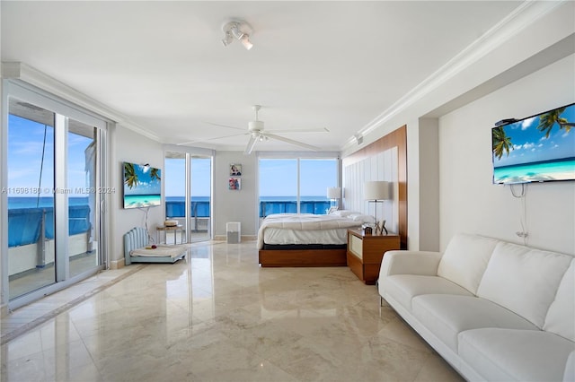 bedroom with access to exterior, ceiling fan, and crown molding